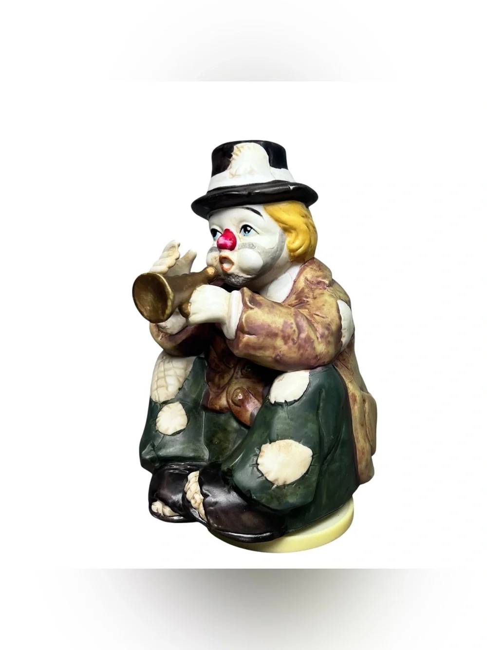 Vintage 1980 Sun Saint Ceramic Hobo Clown Music Box Wind Up Playing Trumpet Horn
